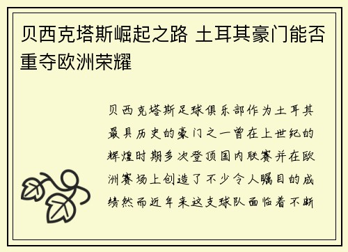 贝西克塔斯崛起之路 土耳其豪门能否重夺欧洲荣耀