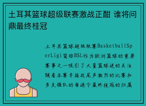 土耳其篮球超级联赛激战正酣 谁将问鼎最终桂冠