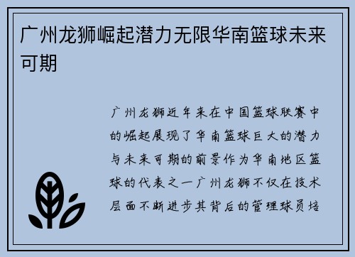 广州龙狮崛起潜力无限华南篮球未来可期