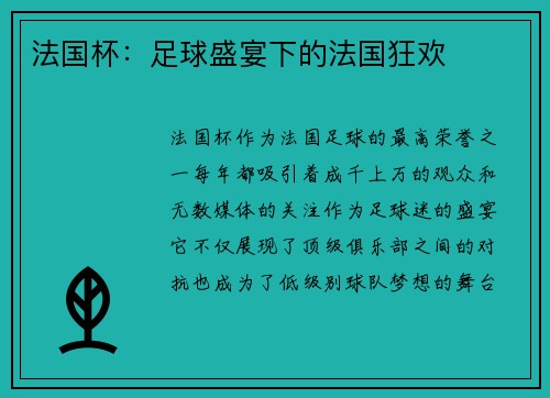 法国杯：足球盛宴下的法国狂欢