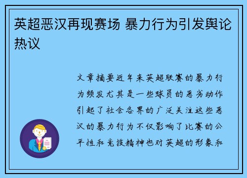 英超恶汉再现赛场 暴力行为引发舆论热议