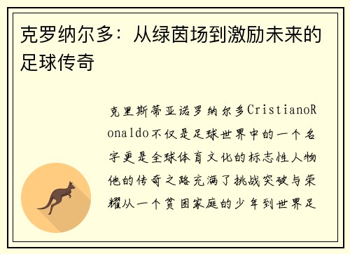 克罗纳尔多：从绿茵场到激励未来的足球传奇