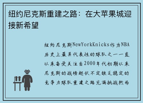 纽约尼克斯重建之路：在大苹果城迎接新希望